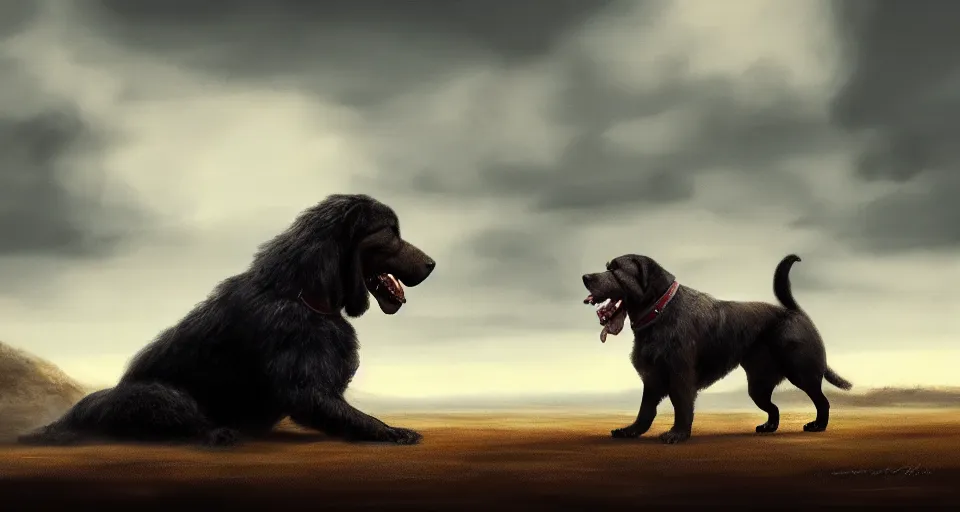 Image similar to a digital painting of a standoff between a very large dog facing a tiny dog, wide open drolling mouth, hyperealism, award winning, stunning, trending on art station, highly detailed, cinematic lighting, 8 k, hd