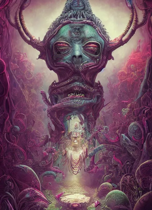 Image similar to alice in wonderland, mayan god, alien, highly detailed, cinematic, 8 k, by megan duncanson, benjamin lacombe, adrian borda, stanley artgermm, tom bagshaw, craig mullins, carne griffiths, ayami kojima, beksinski, giger, trending on deviantart, hyper detailed, horror, full of colour