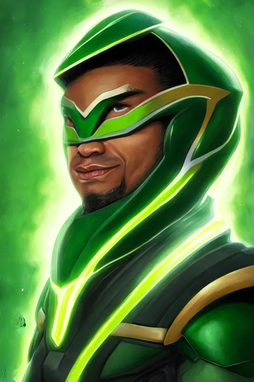 Image similar to portrait of green ranger, sharp focus, artstation, trending, by julie dillon, luis melo, tyler miles lockett, lei jin, hong lei, ken wong, adam narozanski, joy ang