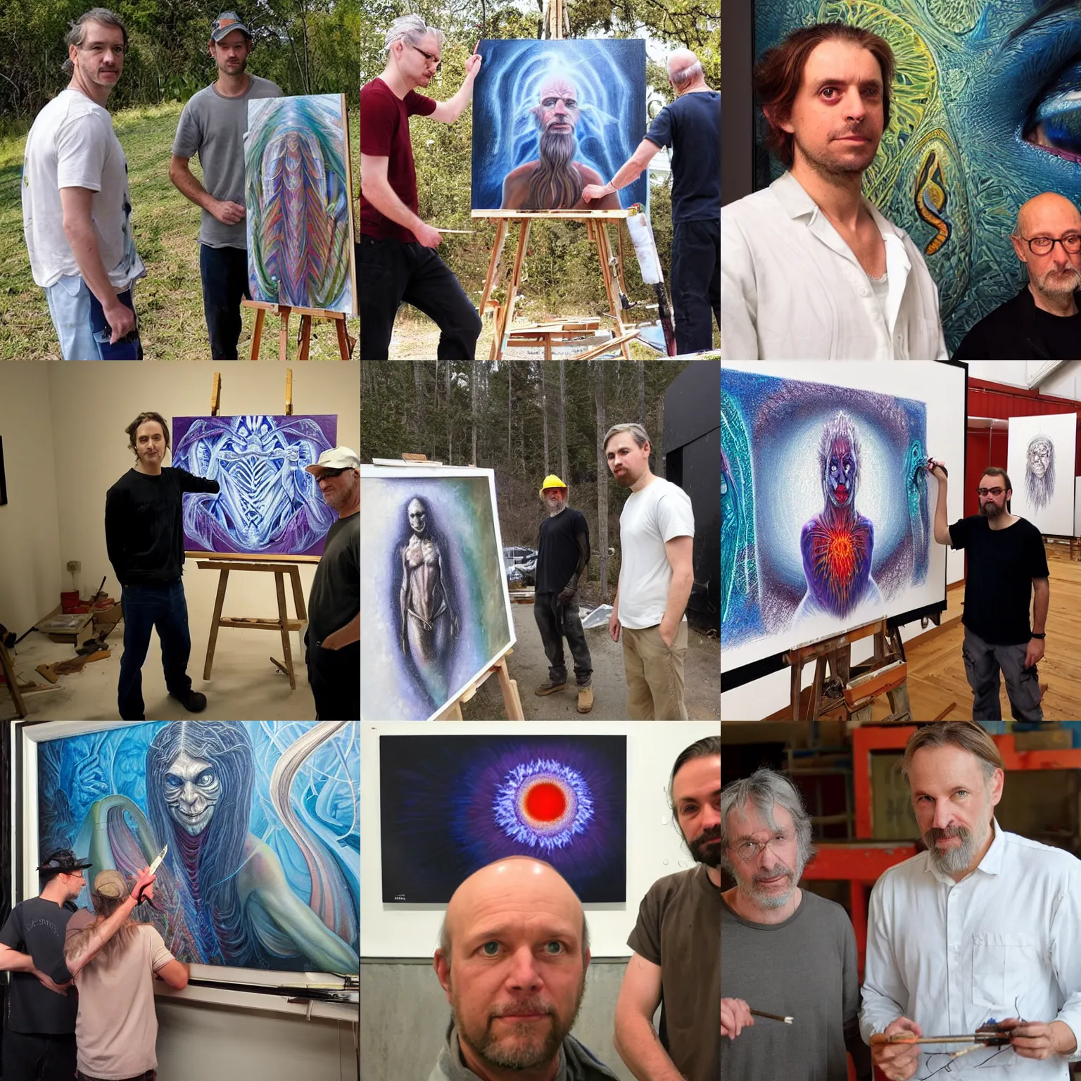 Image similar to painters Alex Grey together with painter Greg Rutkowski looking in the camera at the people who stole their job