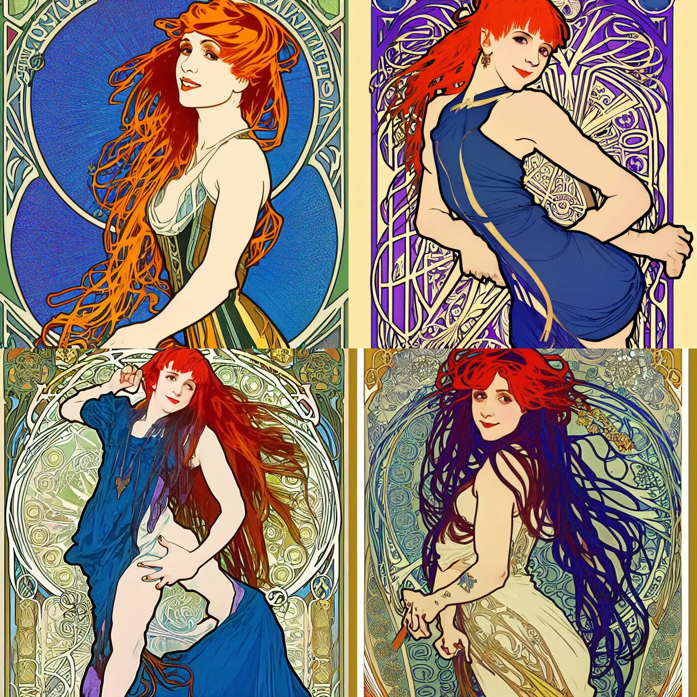 Prompt: Alphonse Mucha, art nouveau, beautiful pretty female Hayley Williams Paramore, smile, symmetrical, realistic, victorian blue dress, long red hair, full body action pose, gold green blue purple, Unreal Engine