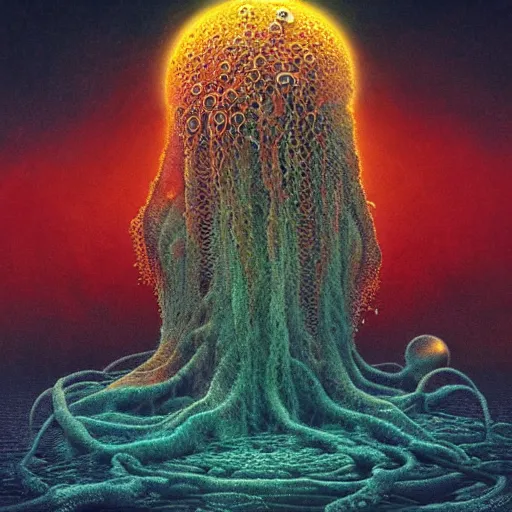 Image similar to innate jellyfish, lovecraftian horror, cosmic horror, annihilation, infinite consciousness, art, concept art, beksinski, zdzisław, digital art,