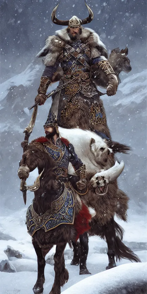 Image similar to azure viking warrior with animal companion, regal, elegant, winter, snow, beautiful, stunning, hd, illustration, epic, d & d, fantasy, intricate, elegant, highly detailed, wide angle, digital painting, artstation, concept art, smooth, sharp focus, illustration, wallpaper, art by artgerm and greg rutkowski and alphonse mucha and jin xiaodi