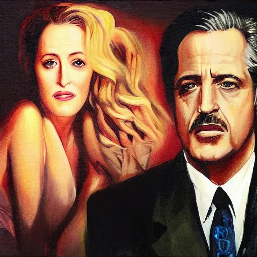 Prompt: gillian anderson as the godfather, don corleon rebrandt painting
