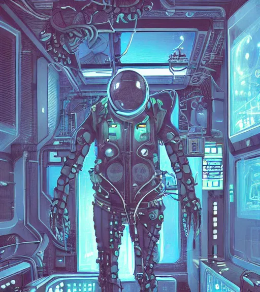 Image similar to a cybernetic realistic octopus in a space station, techwear, Industrial Scifi, detailed illustration, character portrait, by Martin Grip and Moebius