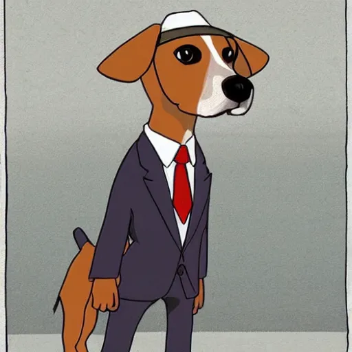 Image similar to a beagle wearing a business suit and fedora, studio ghibli