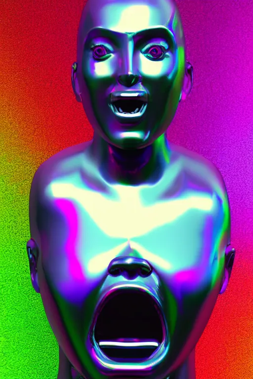 Image similar to 3d render of holographic angry human robotic screaming angry bust made of glossy iridescent, screaming, bust, surrealistic 3d illustration of a human non-binary, non binary model, 3d model human, cryengine, made of holographic texture, holographic material, holographic rainbow, concept of cyborg and artificial intelligence
