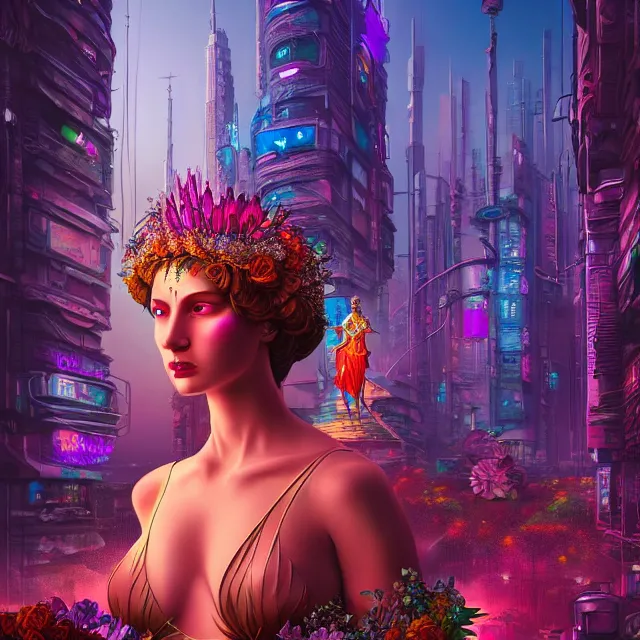 Image similar to Beautiful 3d render of the flower queen goddess in a sensual pose, in the style of Dan Mumford, with a crowded futuristic cyberpunk city in the background, astrophotgraphy