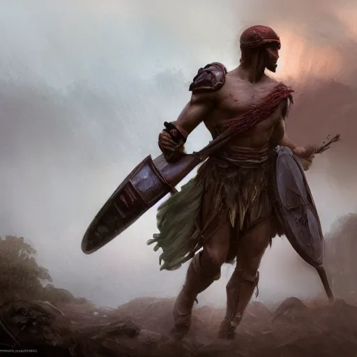 Image similar to cinematic shot male spartan warrior after a battle rain over dead corpses cliff foggy sunrise digital painting, artstation, concept art, soft light, hdri, smooth, sharp focus, illustration, fantasy, intricate, elegant, highly detailed, D&D, matte painting, in the style of Greg Rutkowski and Alphonse Mucha and artemisia, 8k, highly detailed, jurgens, rutkowski, bouguereau, pastoral, rustic, georgic