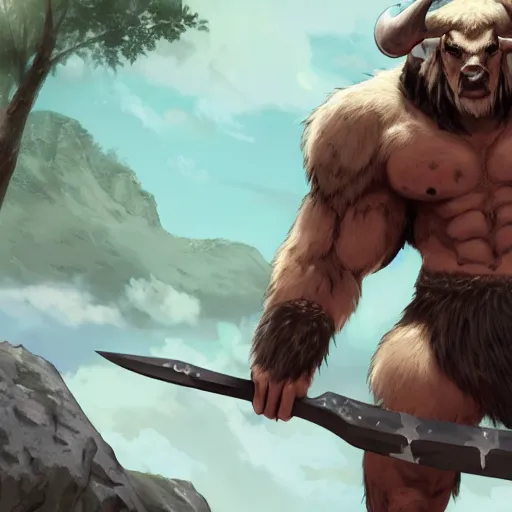 Image similar to bull man barbarian wearing a tattered loincloth with an giant axe, fursona, furry art, anthro, detailed dark brown fur, detailed long black hair, big horns, scars, anime key visual, portrait, makoto shinkai