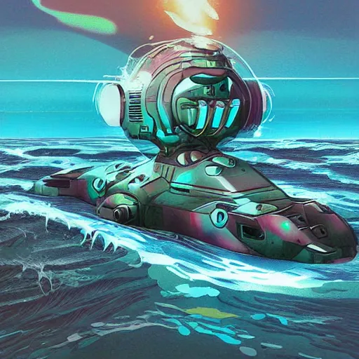 Image similar to futuristic amphibious combat mecha in the style of beeple, h. r. giger, lisa frank, submarine