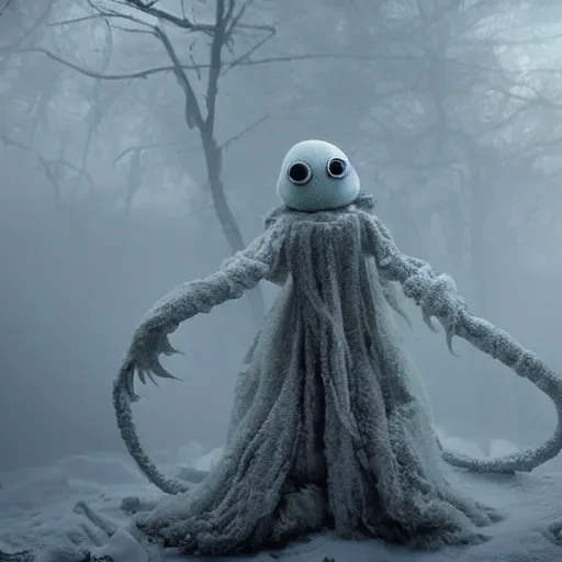 Image similar to an ethereal fluffy ghostly live action muppet wraith like figure with a squid like parasite latched onto its head and four long tentacle arms that flow lazily but gracefully at its sides like a cloak while it floats around a frozen rocky tundra in the snow searching for lost souls and that hides amongst the shadows in the trees, this character has hydrokinesis and electrokinesis is a real muppet by sesame street, photo realistic, real, realistic, felt, stopmotion, photography, sesame street