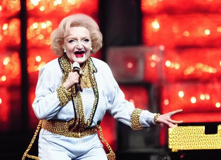 Image similar to publicity photo still of betty white as a gangsta rapper covered in gold chains, with grills in teeth and wearing a jumpsuit live on stage, 8 k, live concert lighting, mid shot