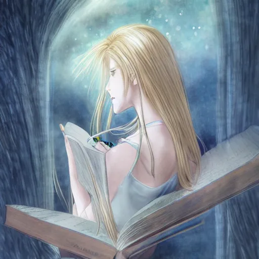 Image similar to a girl reading a book, her hair flowing down, a character portrait by yoshitaka amano, featured on pixiv, fantasy art, official art, androgynous, anime