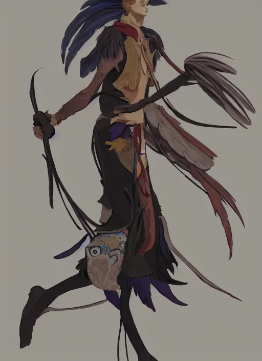 Image similar to concept art painting of an androgynous bird person with human face and black feathers, pirate clothes, detailed, cel shaded, in the style of makoto shinkai and james gurney and alphonse mucha and greg rutkowski and artgerm