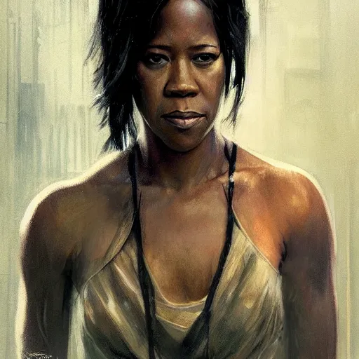 Image similar to regina king, hyperrealistic portrait, bladerunner street, art of elysium by jeremy mann and alphonse mucha, fantasy art, photo realistic, dynamic lighting, artstation, poster, volumetric lighting, very detailed face, 4 k, award winning