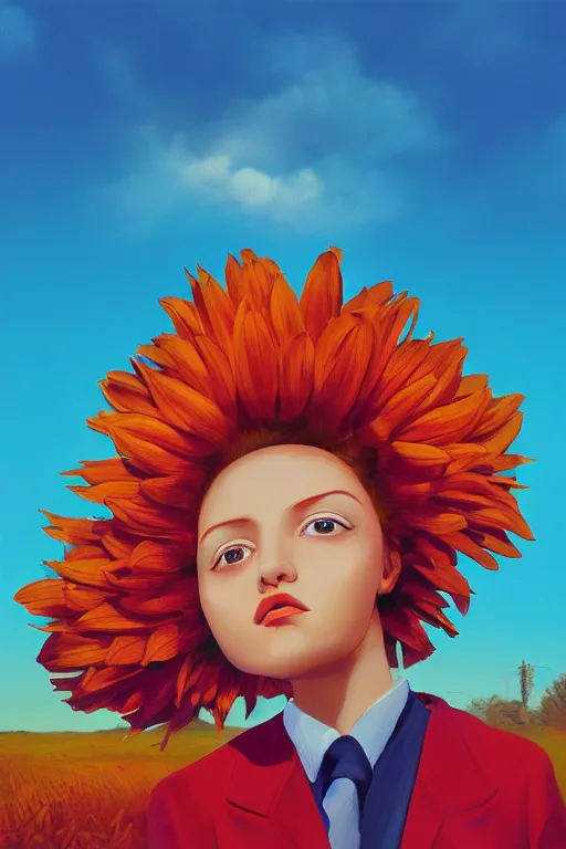 Image similar to closeup giant dahlia flower head, girl in a suit, street, surreal photography, blue sky, sunrise, dramatic light, impressionist painting, digital painting, artstation, simon stalenhag