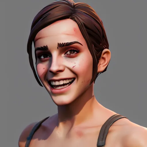 Image similar to textured film grain subsurface scattering fashion model face smiling laughing squinting emma watson as a fortnite character cgsociety octane render unreal engine redshift render trending on artstation trending on artstation render blender behance cg superhero