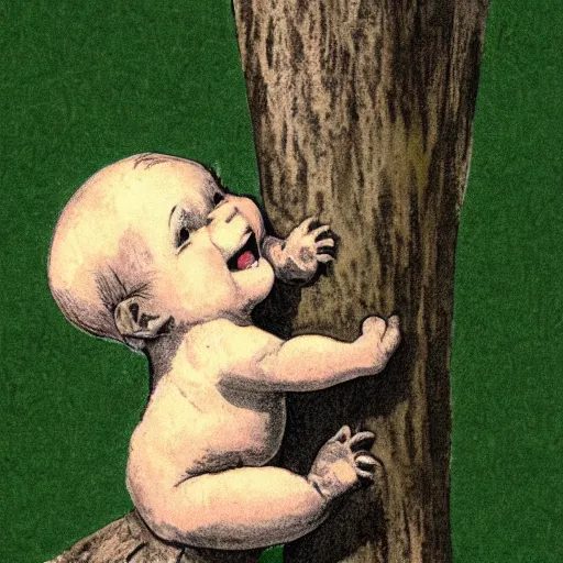 Image similar to baby crawling up a tree with a big grin on its face, in the style of vintage antique illustration and line drawing or engraving