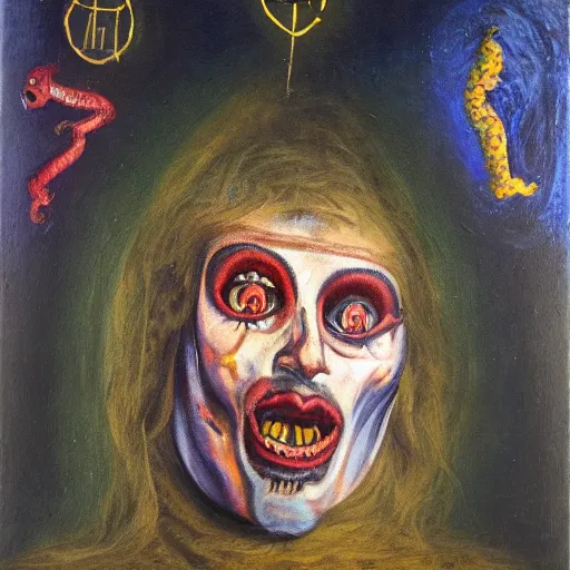 Image similar to portre of an autistic demon on acid, masonic and kabalistic symbols in background, oil painting