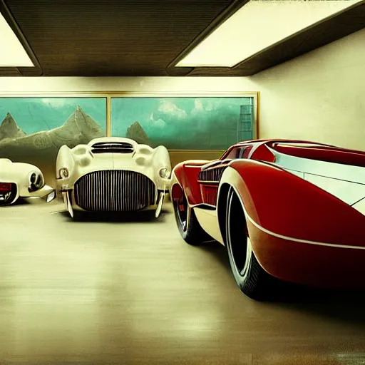 Image similar to retro futuristic vintage cars in showroom, atmospheric lighting, painted, intricate, volumetric lighting, beautiful, daytime, sunny weather, slight overcast, sharp focus, deep colours, ultra detailed, by leesha hannigan, ross tran, thierry doizon, kai carpenter, ignacio fernandez rios