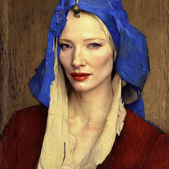 Image similar to cate blanchett by Annie Swynnerton and Nicholas Roerich and Vermeer, strong dramatic cinematic lighting , ornate headdress , lost civilizations, smooth, sharp focus, extremely detailed