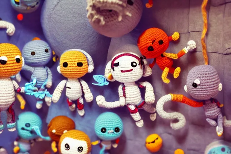 Image similar to an expedition of crochet cute astronauts climbing a yarn wall. cute, illustration, digital art, inspired by little big planet, by greg rutkowski, detailed, sharp, masterpiece, highly detailed, photorealistic, octane render, 8 k, unreal engine 5, trending on artstation, vivid colors, cinematic, close up