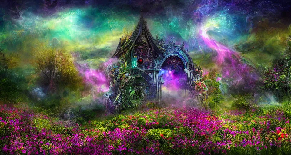 Image similar to a large mystic shrine shrouded by mystic nebula magic in a field of flowers, mad dog jones, breath - taking beautiful flowers, streams, nebula, and mist, an aesthetically pleasing, dynamic, energetic, lively, complex, intricate, detailed, well - designed digital art of magic, streams, flowers, and mist, early morning, light and shadow