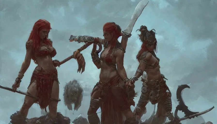 Image similar to beautiful painting of a female barbarian holding an orc ’ s served head. cinematic lighting by gerald brom greg rutkowski,