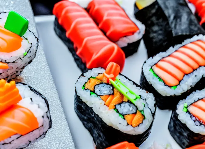 Prompt: dslr food photograph of sushi made of candy, 8 5 mm f 1. 8