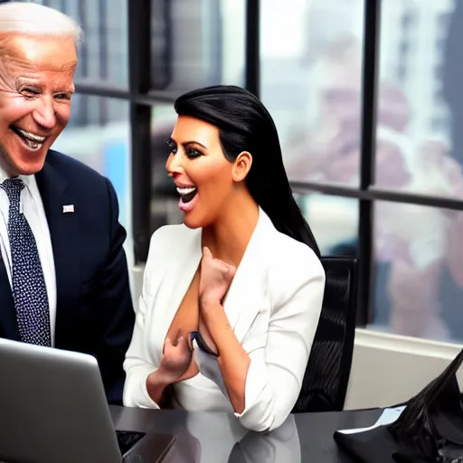 Image similar to stock photo of kim kardashian, and joe biden wearing suits and ties laughing in an office building, 8k resolution, full HD, cinematic lighting, award winning, anatomically correct