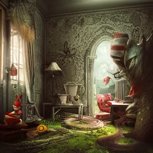 Image similar to alice in wonderland 3 d, mistic atmosphere, scarry, octane render, intricate, hyper detailed, morning light, well rendered