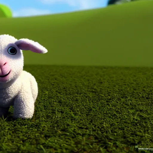 Image similar to baby lamb in a green field, pixar, 3 d model,