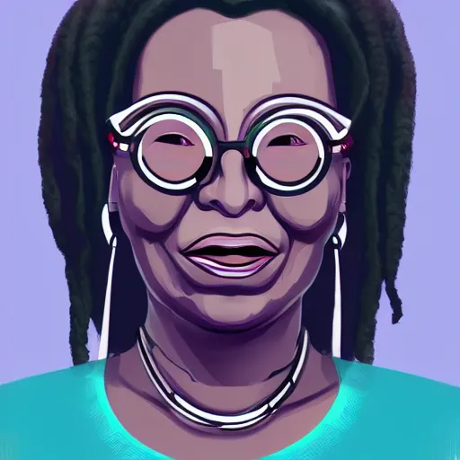 Image similar to cyberpunk robotic whoopi goldberg, sharp lines, digital, artstation, colored in