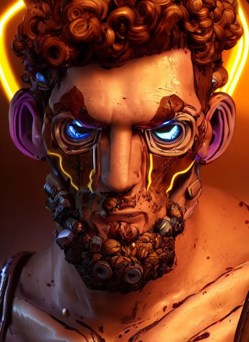 Image similar to glowwave portrait of curly hair muscular man from borderlands 3, au naturel, hyper detailed, digital art, trending in artstation, cinematic lighting, studio quality, smooth render, unreal engine 5 rendered, octane rendered, art style by klimt and nixeu and ian sprigger and wlop and krenz cushart.