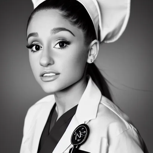 Image similar to ariana grande as a nurse, photography, moody lighting, realistic,