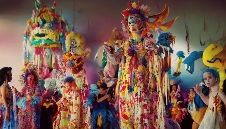 Prompt: movie still by alejandro jodorowsky of a beautiful day in a family art room in a suburban usa, visible magic energy, pretty dream creature costumes, mystical cult ritual, big magic parade float, cinestill 8 0 0 t eastmancolor technicolor, high quality, very detailed, heavy grain, fine facial features, 8 k, octane render