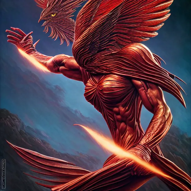 Image similar to phoenix warrior, artgerm, highly detailed, 8 k, hdr, close up, smooth, sharp focus, high resolution, award - winning photo, by thomas cole and wayne barlowe