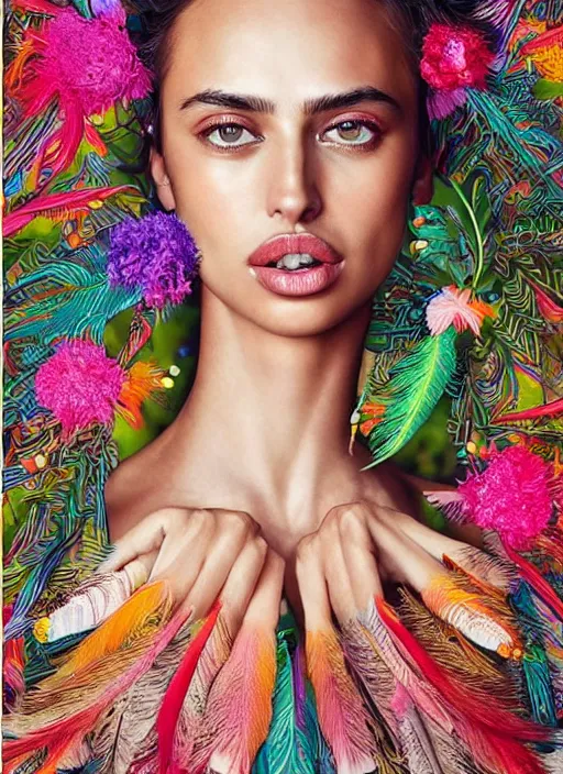 Image similar to beautiful portrait of Irina Shayk wearing fantastic Hand-dyed cotton dress,embellished beaded feather decorative fringe knots ,colorful pigtail,playful makeup,subtropical flowers and plants,symmetrical face,intricate,elegant,highly detailed,8k,digital painting,trending on pinterest,harper's bazaar,concept art, sharp focus, illustration,golden ratio,by artgerm,Tom Bagshaw,Lawrence Alma-Tadema,greg rutkowski