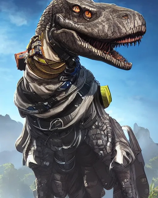 Prompt: Trex as an Apex Legends character digital illustration portrait design by, Kentaro Miura detailed, gorgeous lighting, wide angle action dynamic portrait