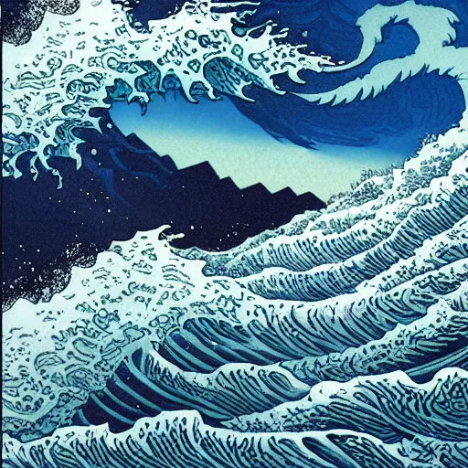 Prompt: a painting of a wave crashing over a city, a detailed painting by dan mumford, behance contest winner, fantasy art, detailed painting, diorama, ukiyo - e