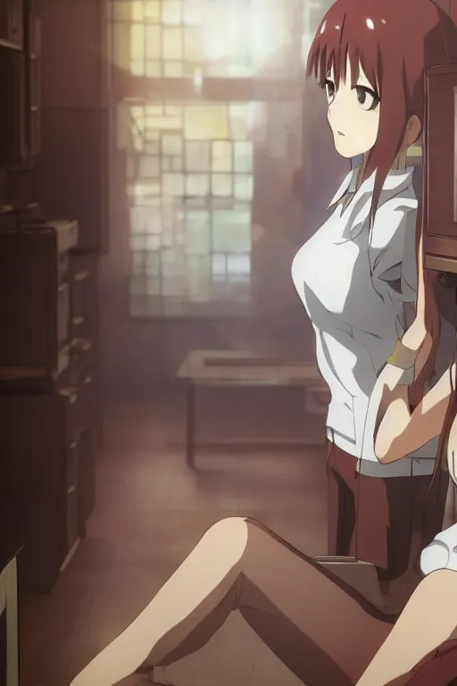 Image similar to Tonemapped Kurisu Makise by Akihiko Yoshida and Makoto Shinkai, with backdrop of Natural Light