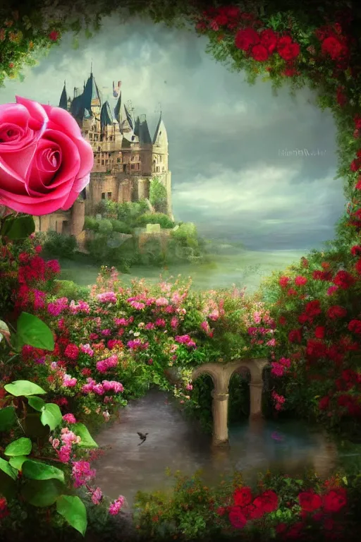 Prompt: Beautiful dream pictures, castle, roses, flowers, trending on art station