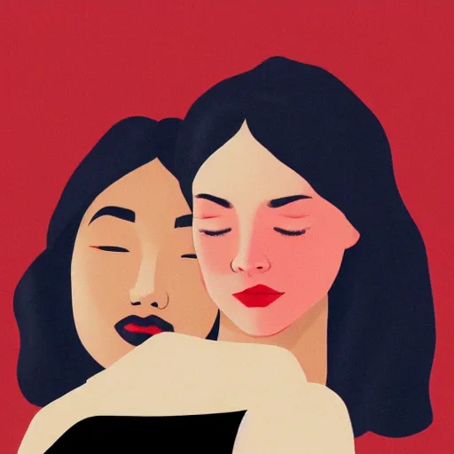 Prompt: Woman holding another woman, arm around her neck, she is Korean, the other black girl, both have red lips, wearing black veils, Edward Hopper and James Gilleard style