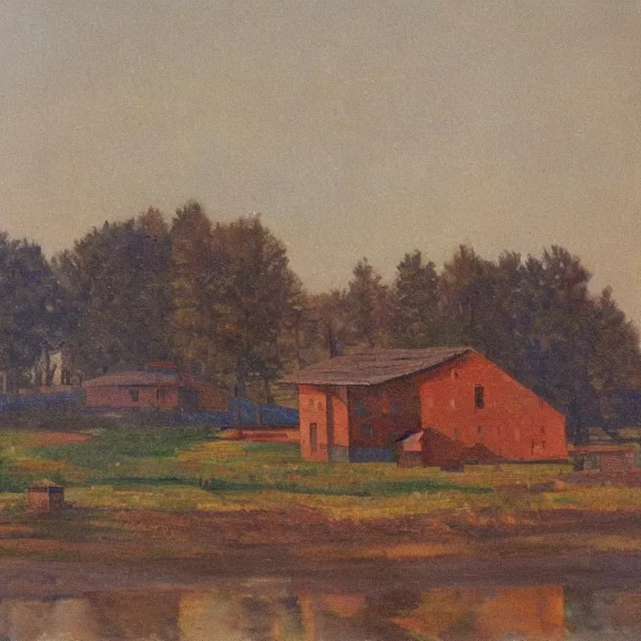 Prompt: a building in a serene landscape, soviet realism