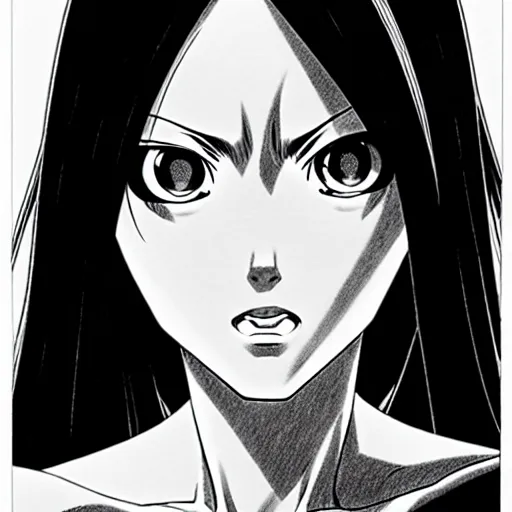 Image similar to alita by yukito kishiro. medium shot. black and white manga. pencil drawing. high detailed face