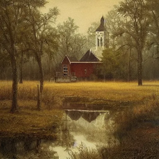 Image similar to 1 9 e century southern gothic scene, old white wooden church in bayou swamps, in louisiana, old painting style lagerstedt, mikko