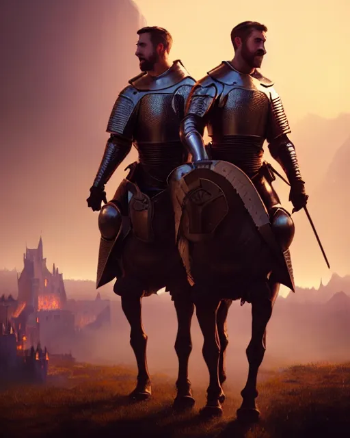 Image similar to portrait of ryan gosling and jake gyllenhaal as medieval knights rendered in unreal engine 5, by wlop, greg rutkowski, and peter mohrbacher, octane render, ultra high detail, 3 d, extremely detailed shading, concept art, character design, trending on artstation, atmosphere, glow, cinematic lighting, full of color