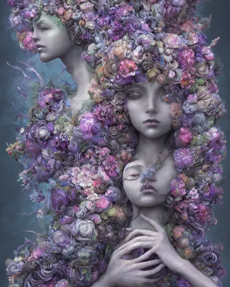 Image similar to a sculpture of interlaced gorgeous etherial females, made of mist, made of flowers, a digital painting, Andrew Ferez, Charlie Bowater, Marco Mazzoni, Seb McKinnon, Ryohei Hase, Alberto Seveso, Kim Keever, trending on cgsociety, featured on zbrush central, new sculpture, mystical