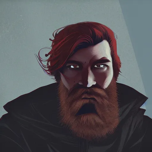 Prompt: redheaded man with beard staring ominously into a camera, grim, raypunk, cryengine, by Ilya Kuvshinov